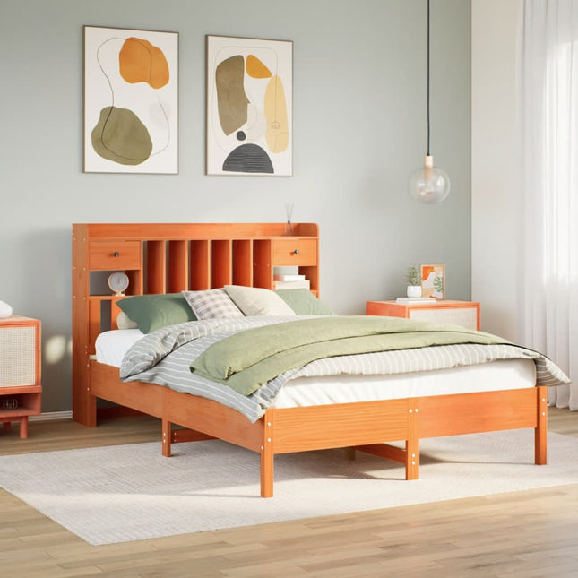 Bed met boekenkast zonder matras grenenhout wasbruin 150x200 cm