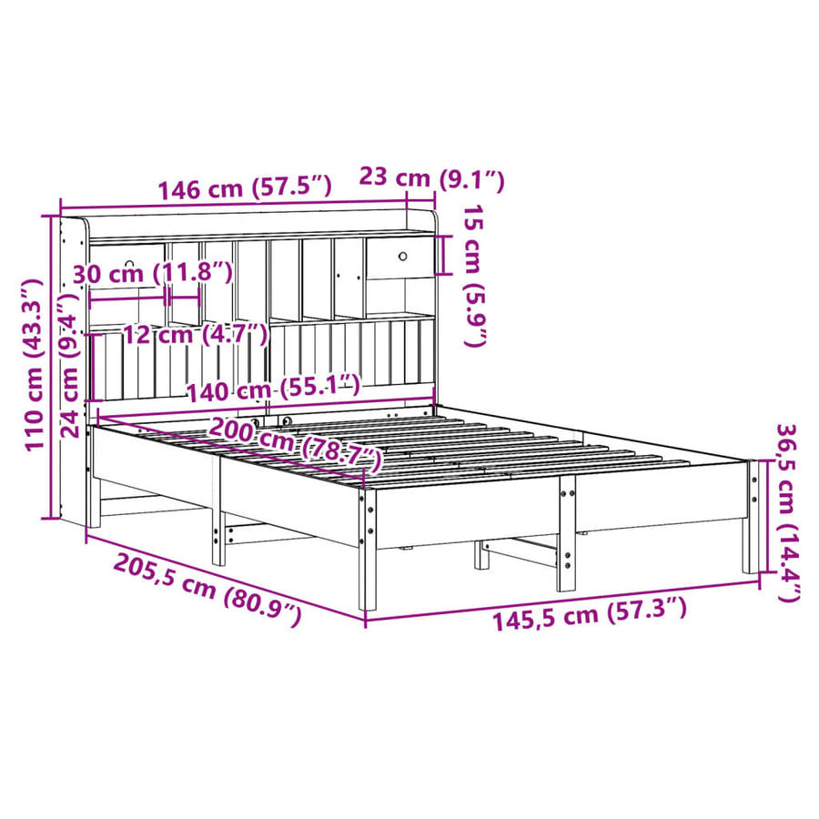Bed met boekenkast zonder matras grenenhout wit 140x200 cm