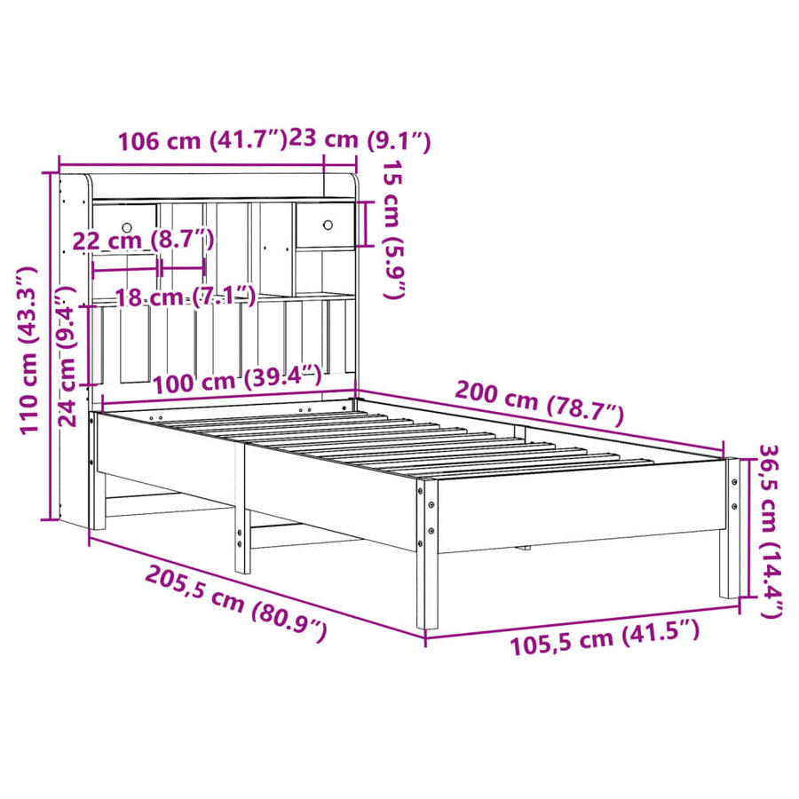Bed met boekenkast zonder matras grenenhout wasbruin 100x200 cm