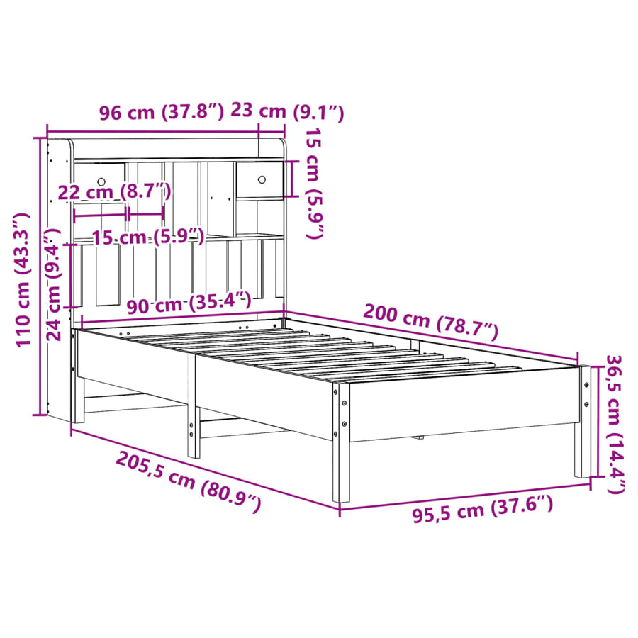 Bed met boekenkast zonder matras grenenhout wit 90x200 cm