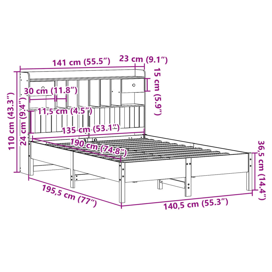 Bed met boekenkast zonder matras massief grenenhout 135x190 cm