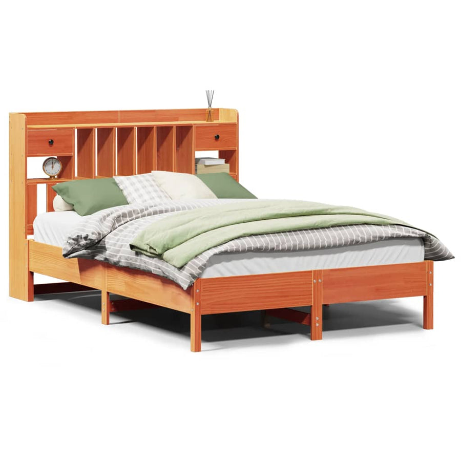 Bed met boekenkast zonder matras grenenhout wasbruin 135x190 cm