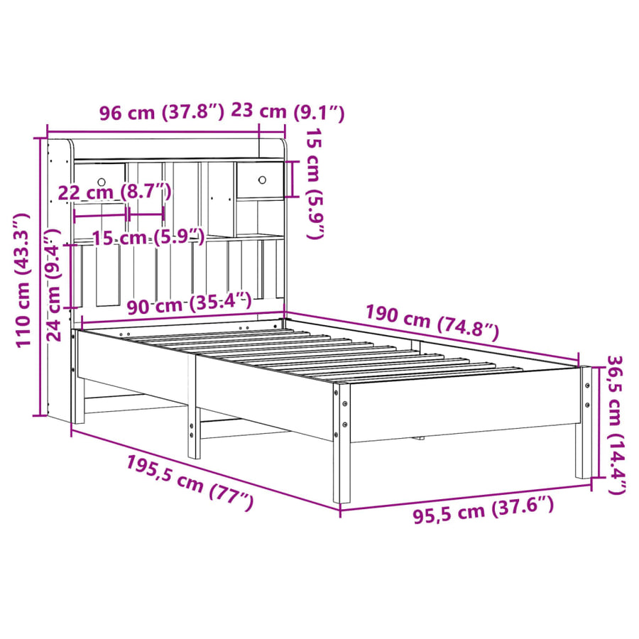 Bed met boekenkast zonder matras grenenhout wit 90x190 cm