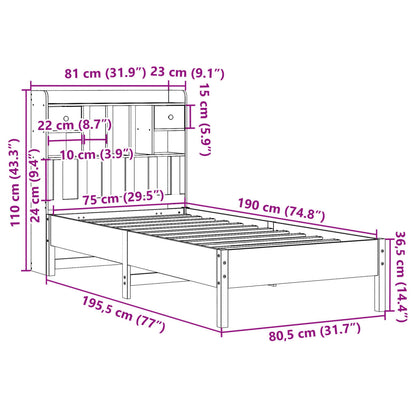 Bed met boekenkast zonder matras massief grenenhout 75x190 cm