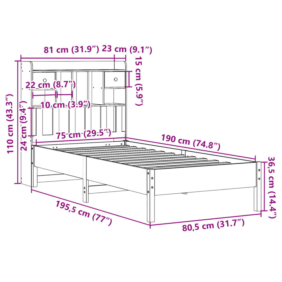 Bed met boekenkast zonder matras massief grenenhout 75x190 cm