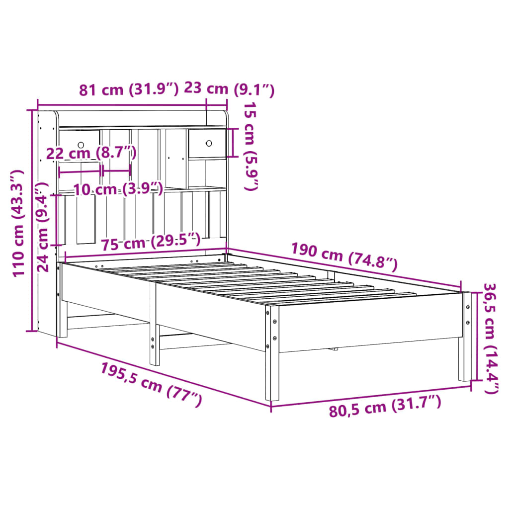 Bed met boekenkast zonder matras grenenhout wit 75x190 cm