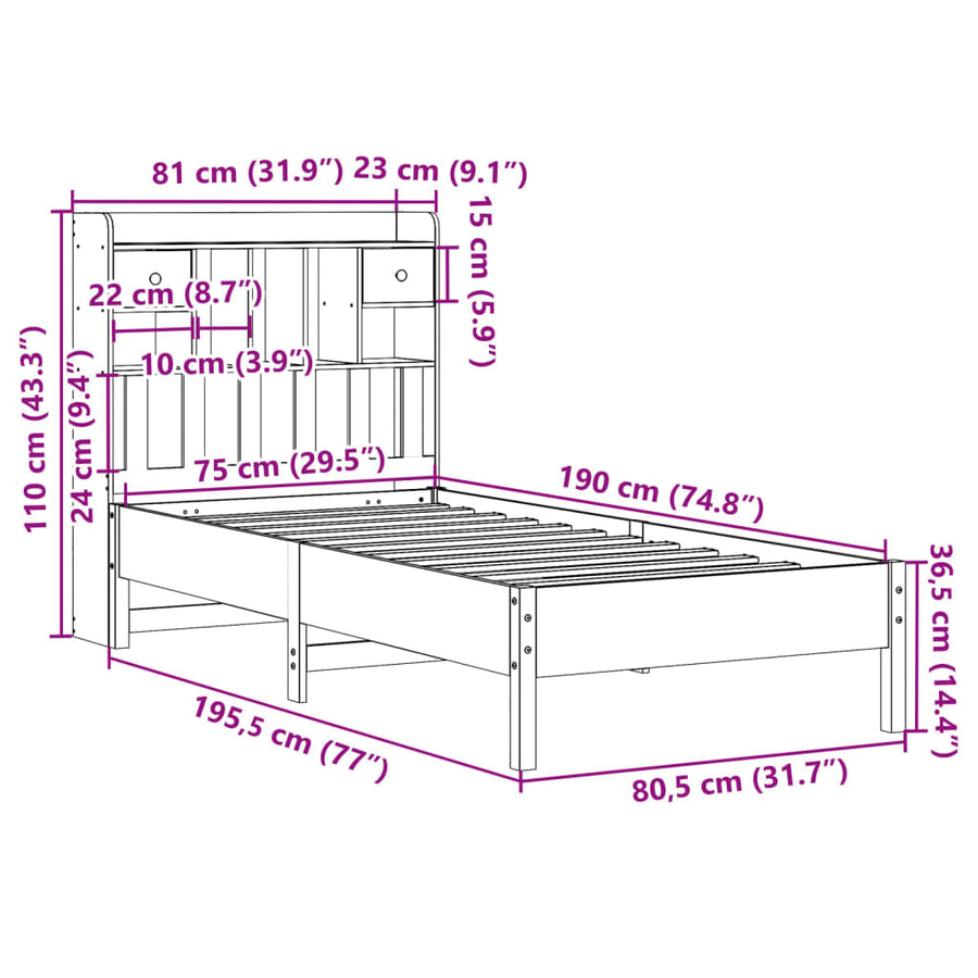 Bed met boekenkast zonder matras grenenhout wit 75x190 cm