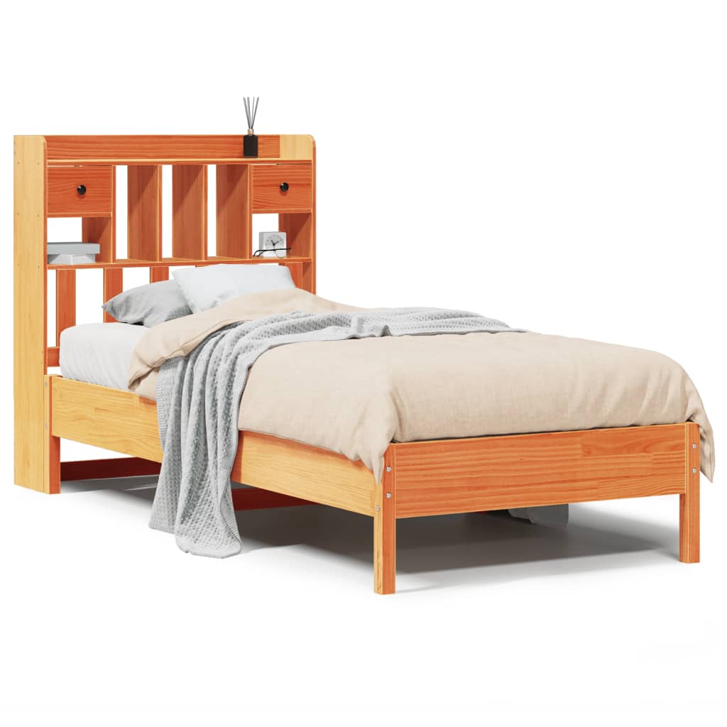Bed met boekenkast zonder matras grenenhout wasbruin 75x190 cm