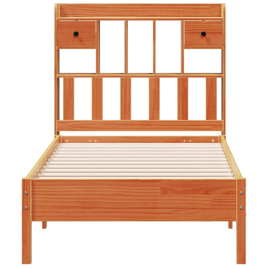 Bed met boekenkast zonder matras grenenhout wasbruin 75x190 cm