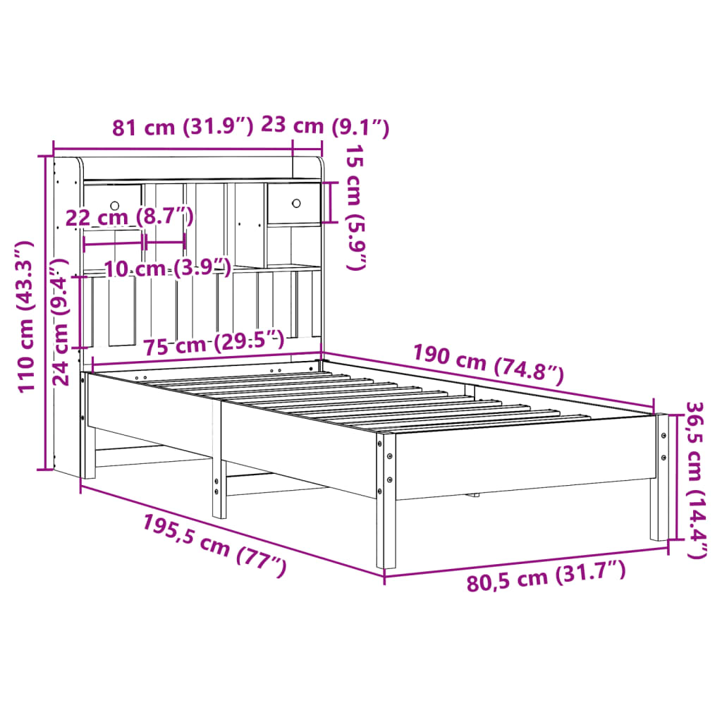 Bed met boekenkast zonder matras grenenhout wasbruin 75x190 cm