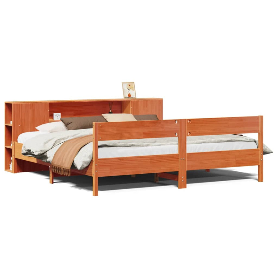 Bed met boekenkast zonder matras grenenhout wasbruin 200x200 cm