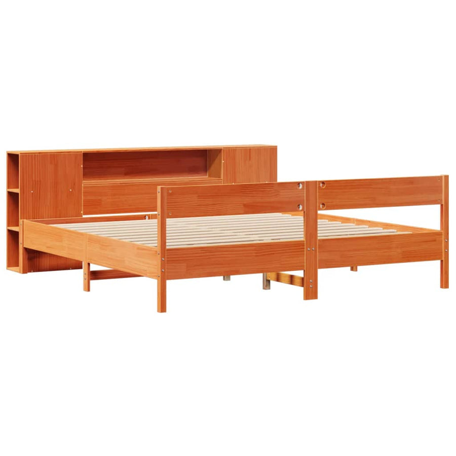 Bed met boekenkast zonder matras grenenhout wasbruin 200x200 cm