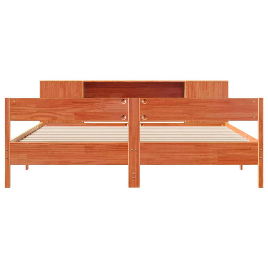 Bed met boekenkast zonder matras grenenhout wasbruin 200x200 cm