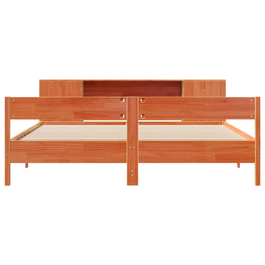 Bed met boekenkast zonder matras grenenhout wasbruin 200x200 cm