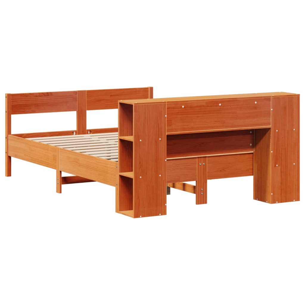 Bed met boekenkast zonder matras grenenhout wasbruin 150x200 cm