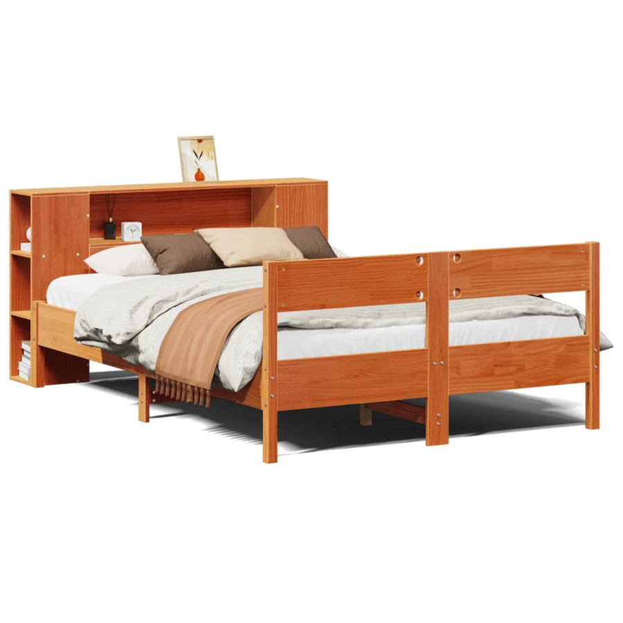 Bed met boekenkast zonder matras grenenhout wasbruin 140x200 cm