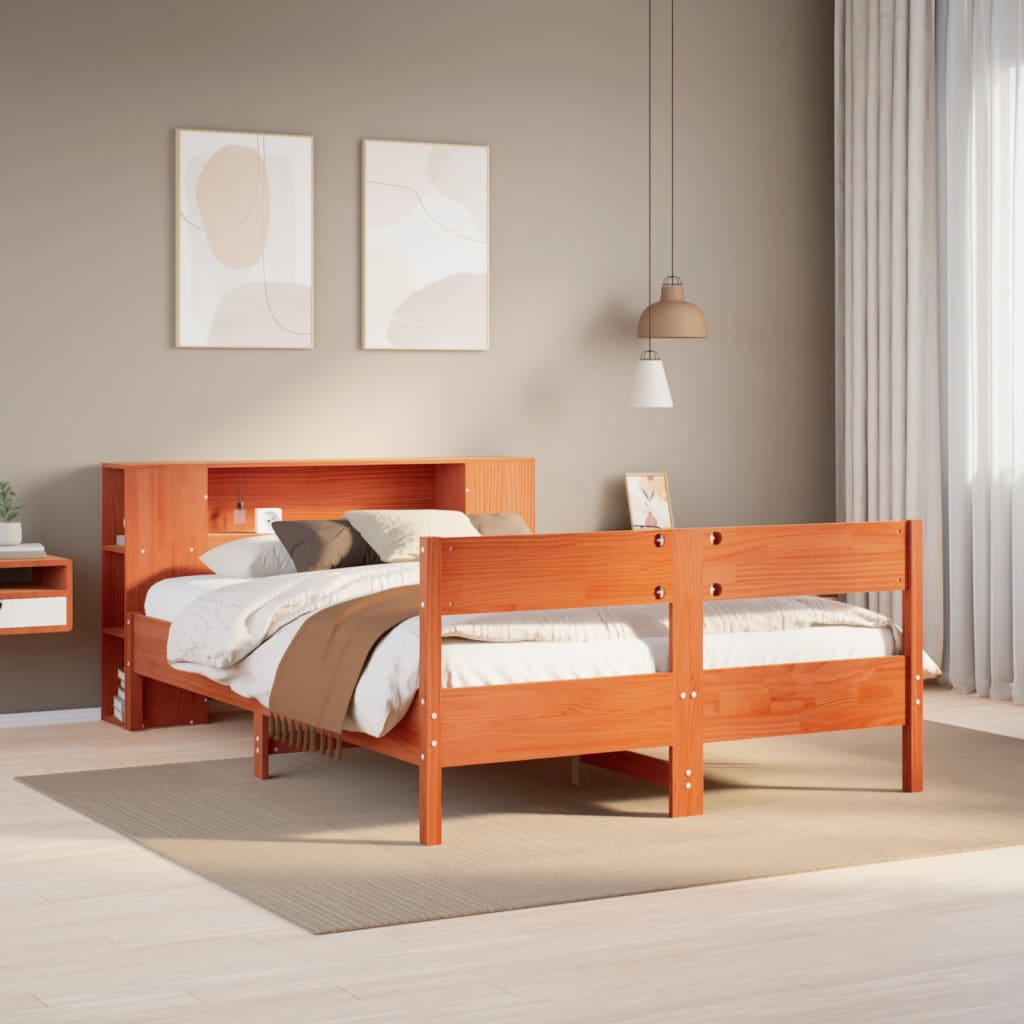 Bed met boekenkast zonder matras grenenhout wasbruin 140x200 cm