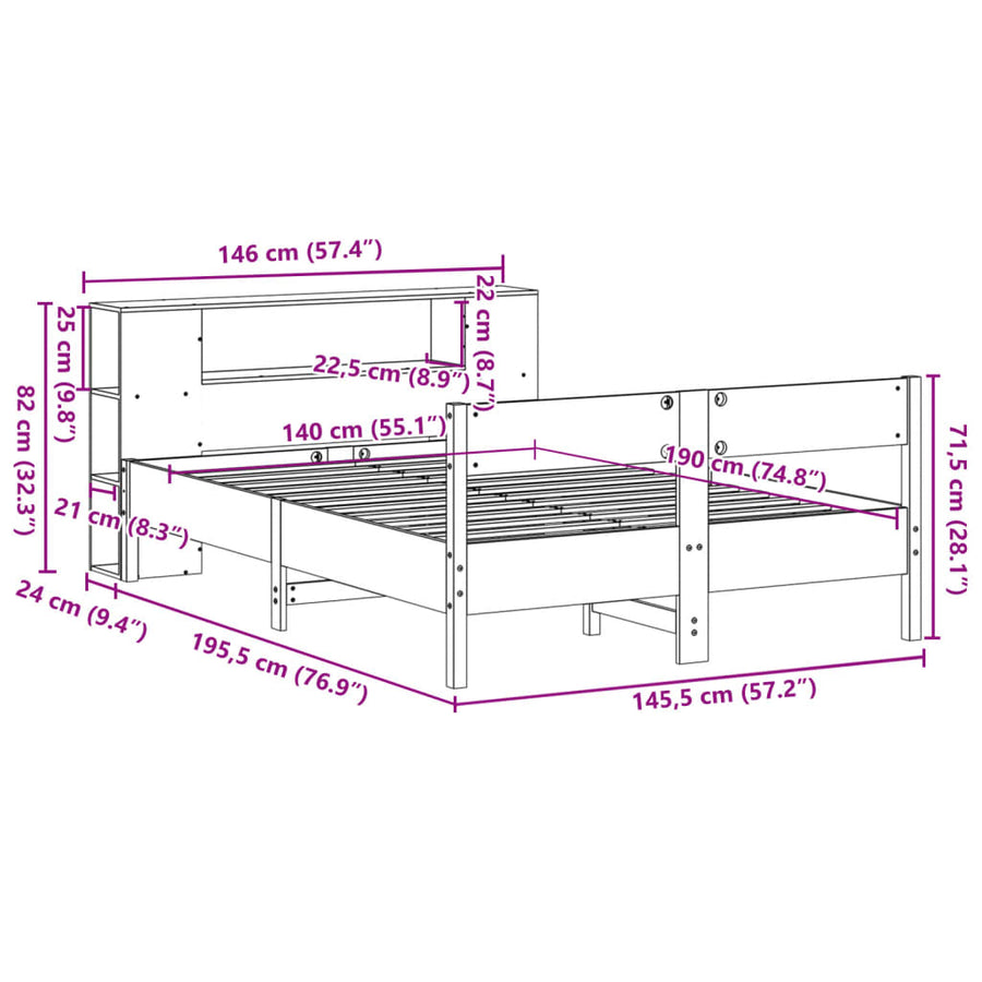 Bed met boekenkast zonder matras grenenhout wit 140x190 cm