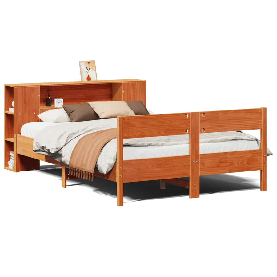 Bed met boekenkast zonder matras grenenhout wasbruin 135x190 cm