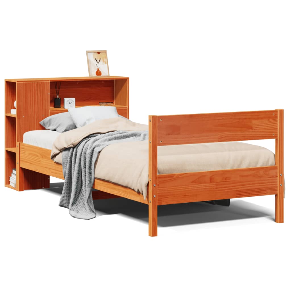 Bed met boekenkast zonder matras grenenhout wasbruin 100x200 cm