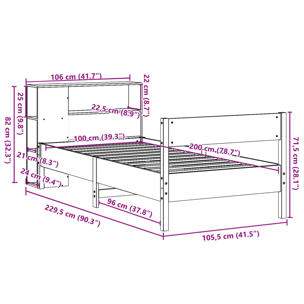 Bed met boekenkast zonder matras grenenhout wasbruin 100x200 cm