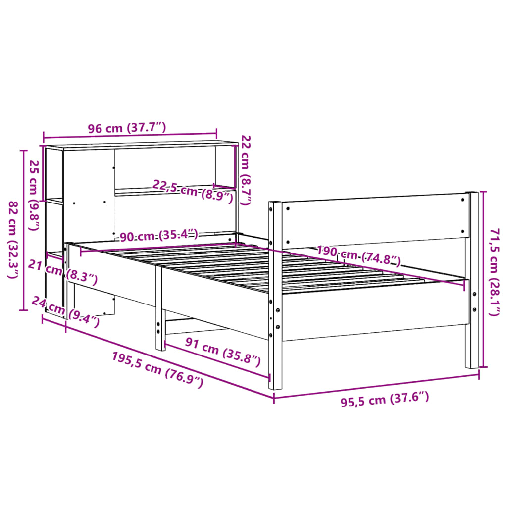 Bed met boekenkast zonder matras massief grenenhout 90x190 cm
