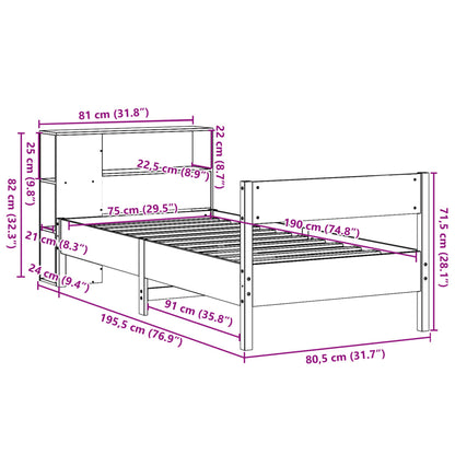 Bed met boekenkast zonder matras massief grenenhout 75x190 cm