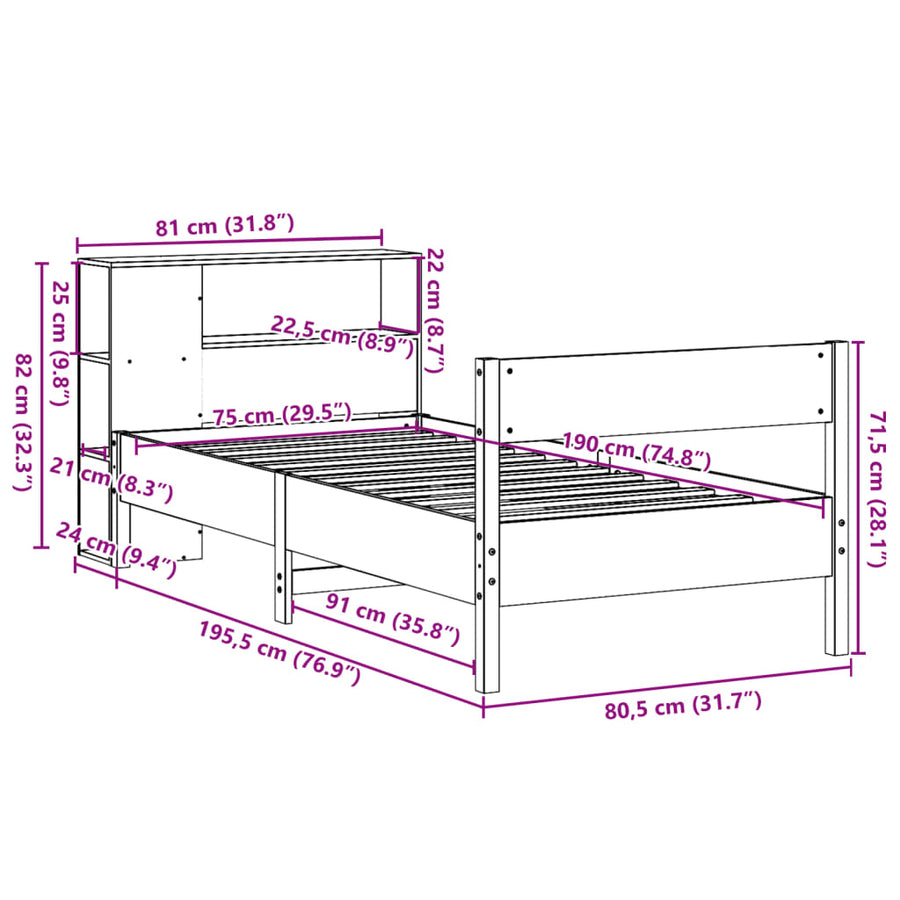 Bed met boekenkast zonder matras massief grenenhout 75x190 cm