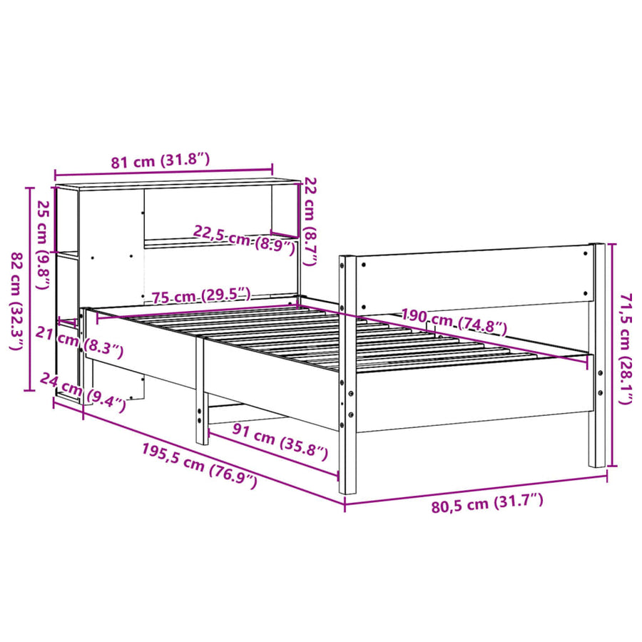 Bed met boekenkast zonder matras grenenhout wit 75x190 cm