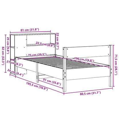 Bed met boekenkast zonder matras grenenhout wasbruin 75x190 cm