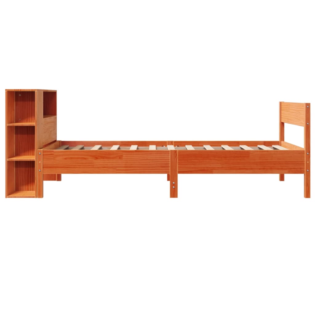 Bed met boekenkast zonder matras grenenhout wasbruin 75x190 cm