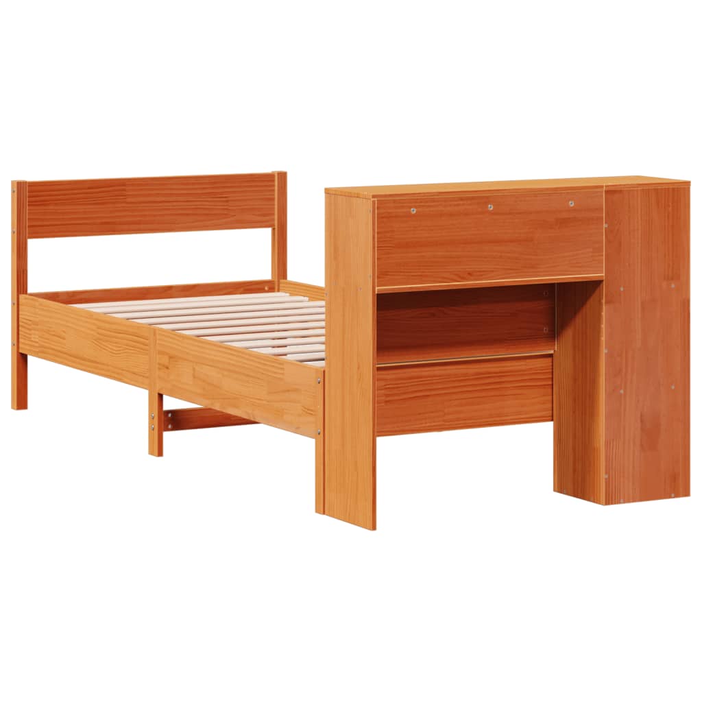 Bed met boekenkast zonder matras grenenhout wasbruin 75x190 cm