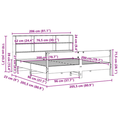 Bed met boekenkast zonder matras grenenhout wasbruin 200x200 cm