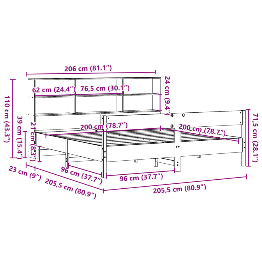 Bed met boekenkast zonder matras grenenhout wasbruin 200x200 cm