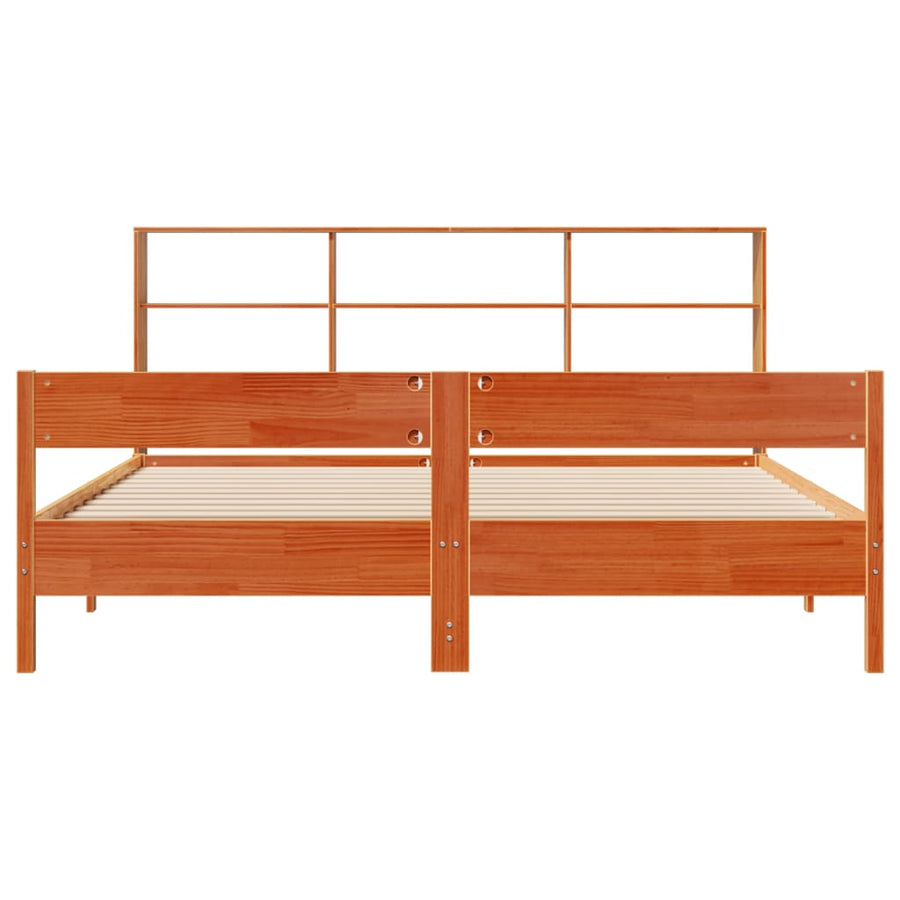 Bed met boekenkast zonder matras grenenhout wasbruin 200x200 cm