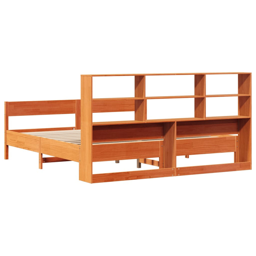 Bed met boekenkast zonder matras grenenhout wasbruin 200x200 cm