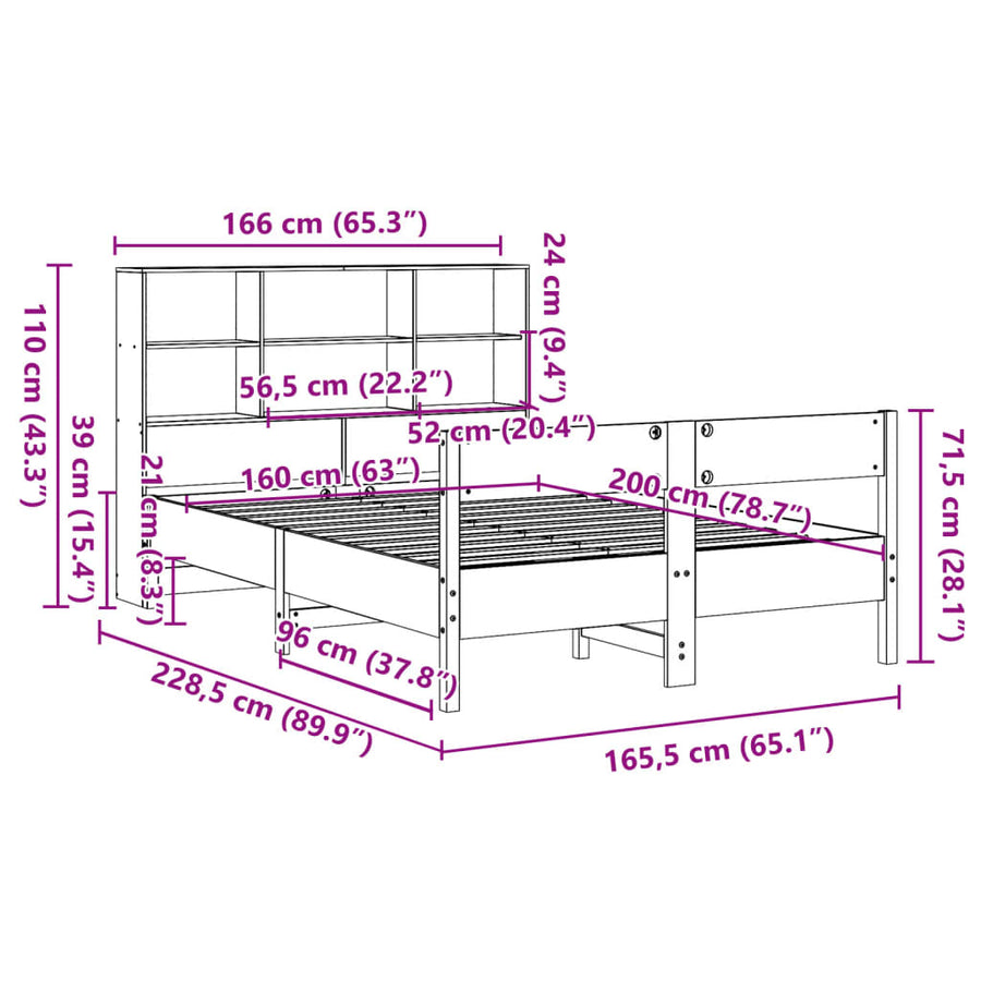 Bed met boekenkast zonder matras grenenhout wit 160x200 cm