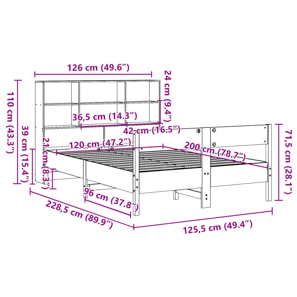 Bed met boekenkast zonder matras grenenhout wasbruin 120x200 cm