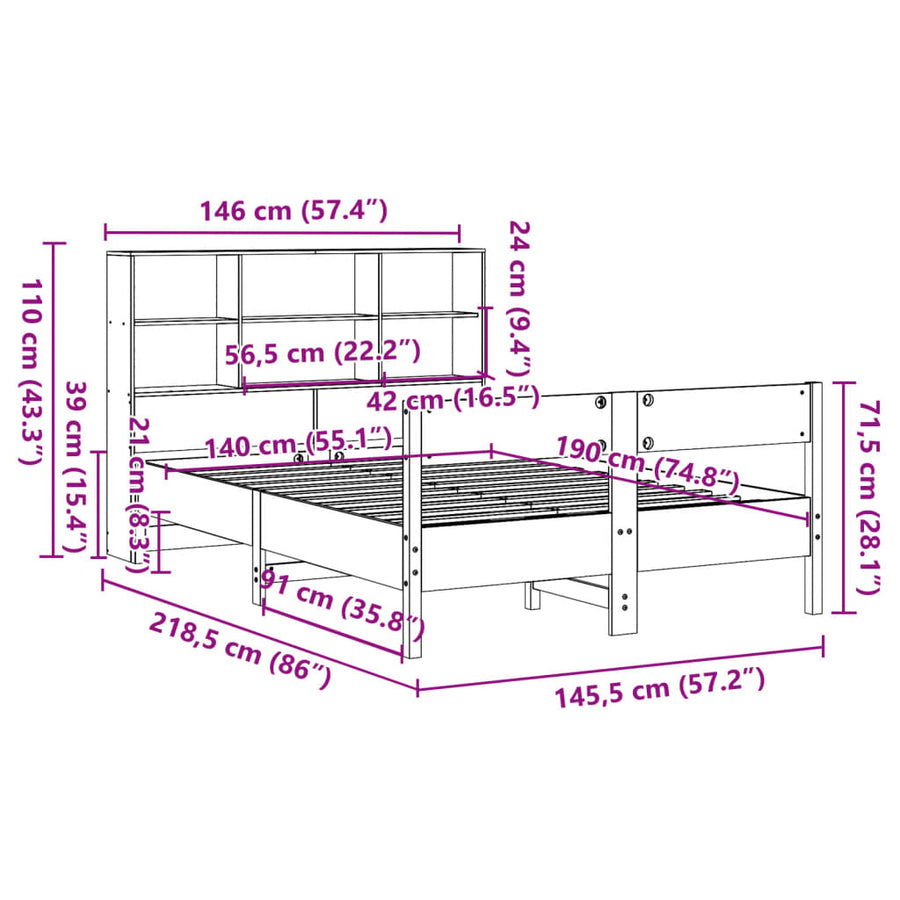 Bed met boekenkast zonder matras grenenhout wasbruin 140x190 cm