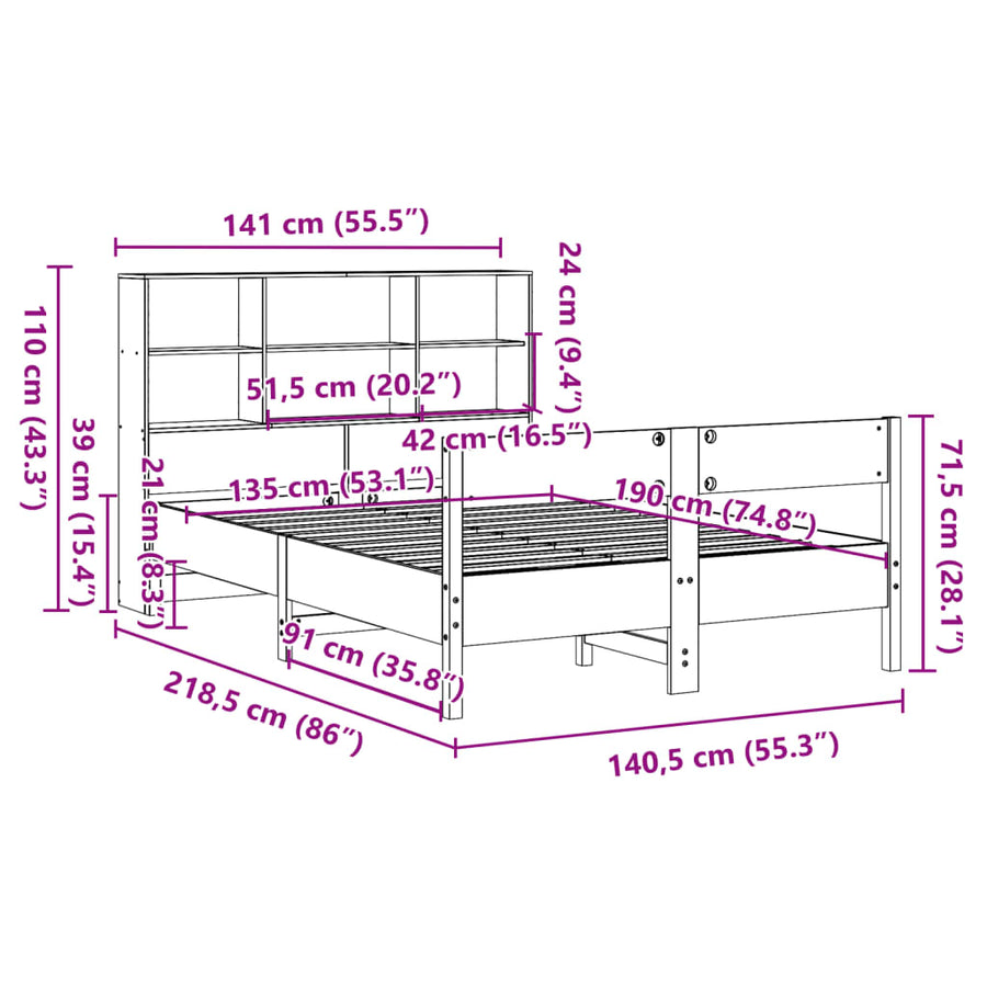 Bed met boekenkast zonder matras grenenhout wasbruin 135x190 cm