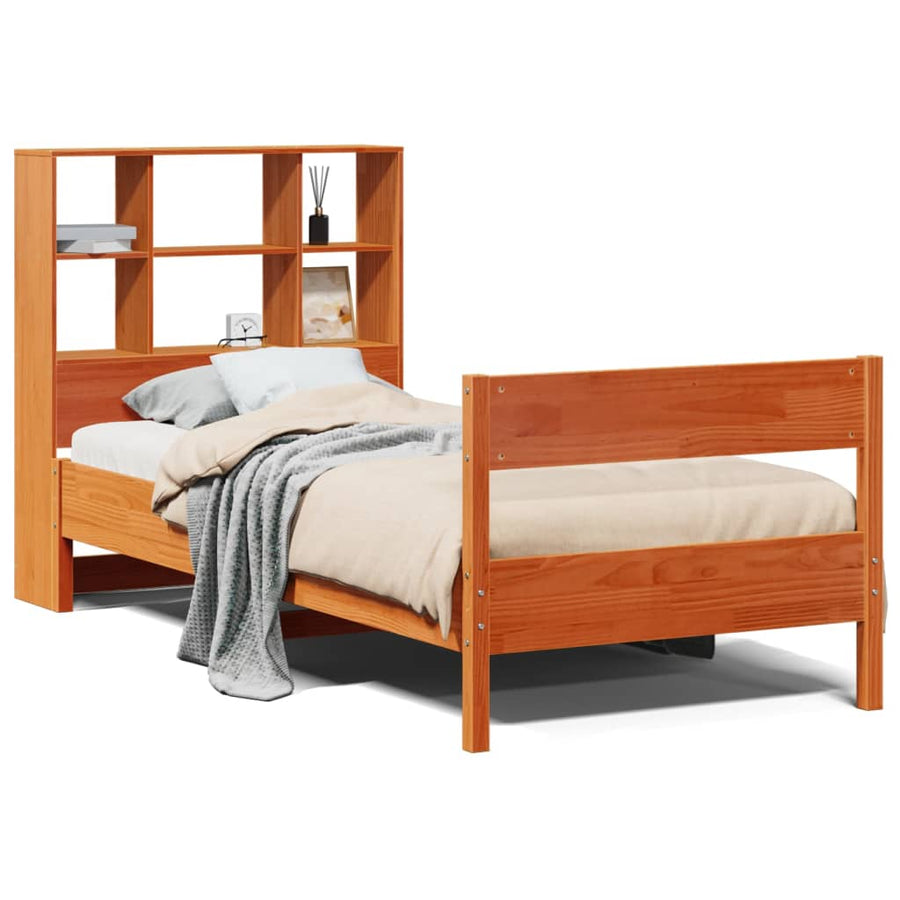 Bed met boekenkast zonder matras grenenhout wasbruin 75x190 cm
