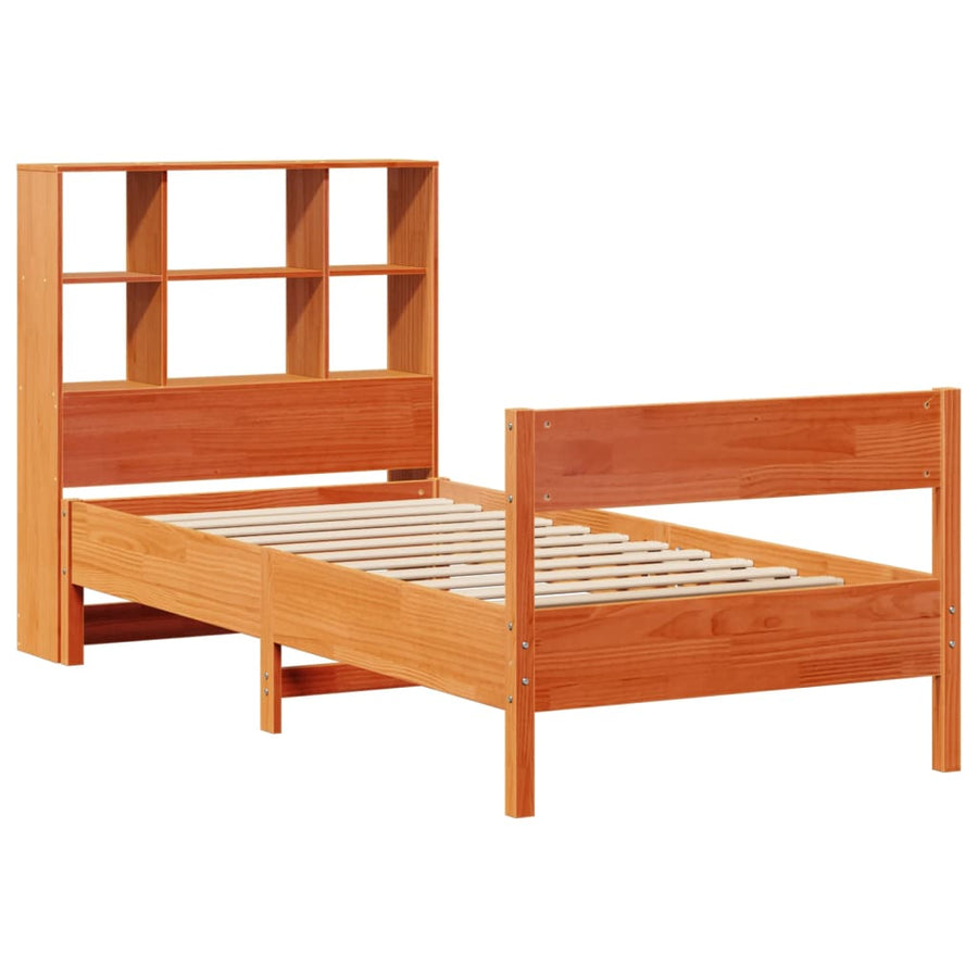 Bed met boekenkast zonder matras grenenhout wasbruin 75x190 cm
