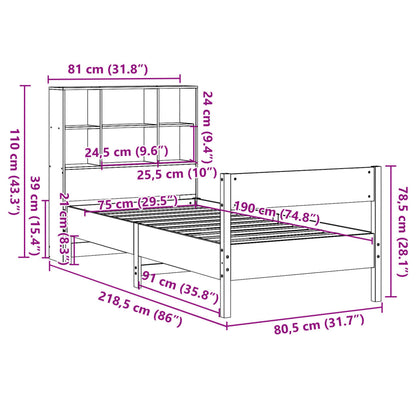 Bed met boekenkast zonder matras grenenhout wasbruin 75x190 cm