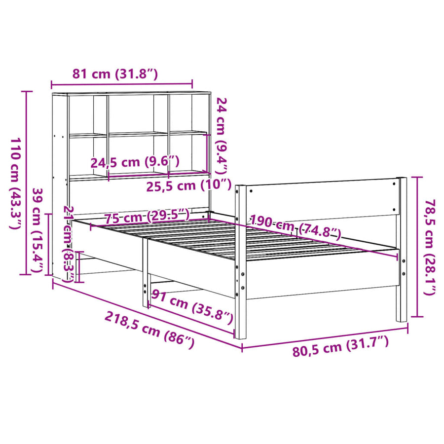 Bed met boekenkast zonder matras grenenhout wasbruin 75x190 cm