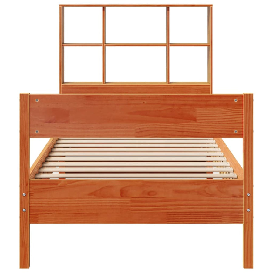 Bed met boekenkast zonder matras grenenhout wasbruin 75x190 cm