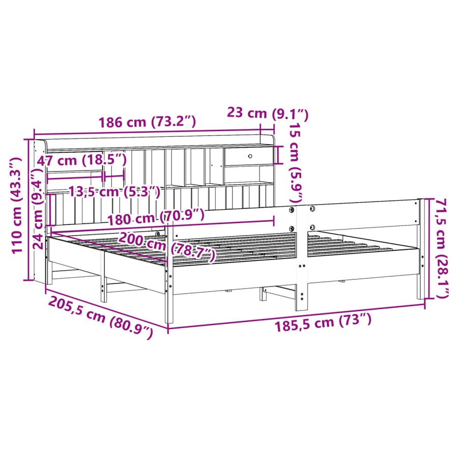 Bed met boekenkast zonder matras massief grenenhout 180x200 cm