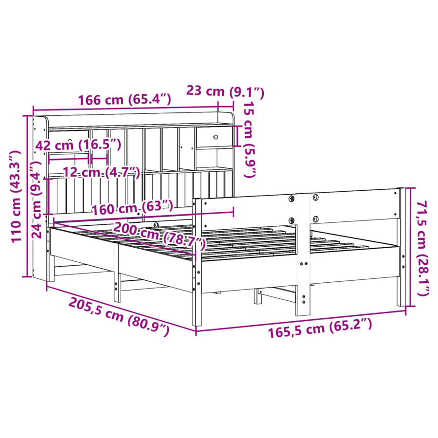 Bed met boekenkast zonder matras grenenhout wit 160x200 cm