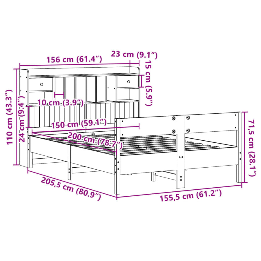 Bed met boekenkast zonder matras grenenhout wit 150x200 cm