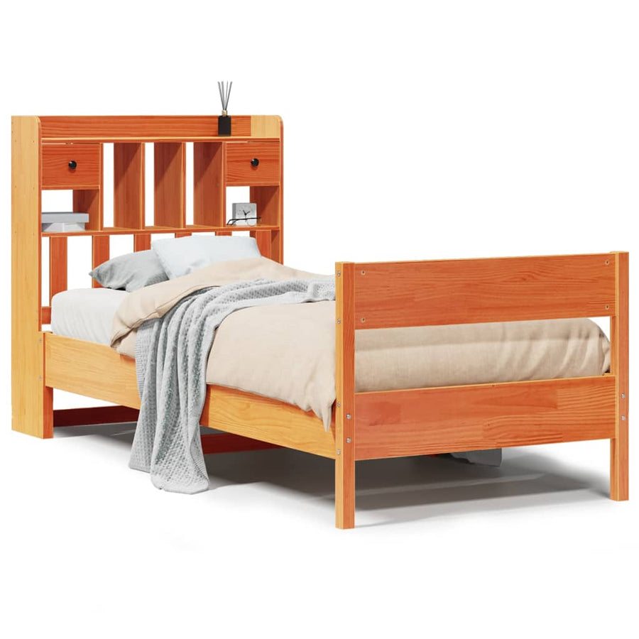 Bed met boekenkast zonder matras grenenhout wasbruin 100x200 cm