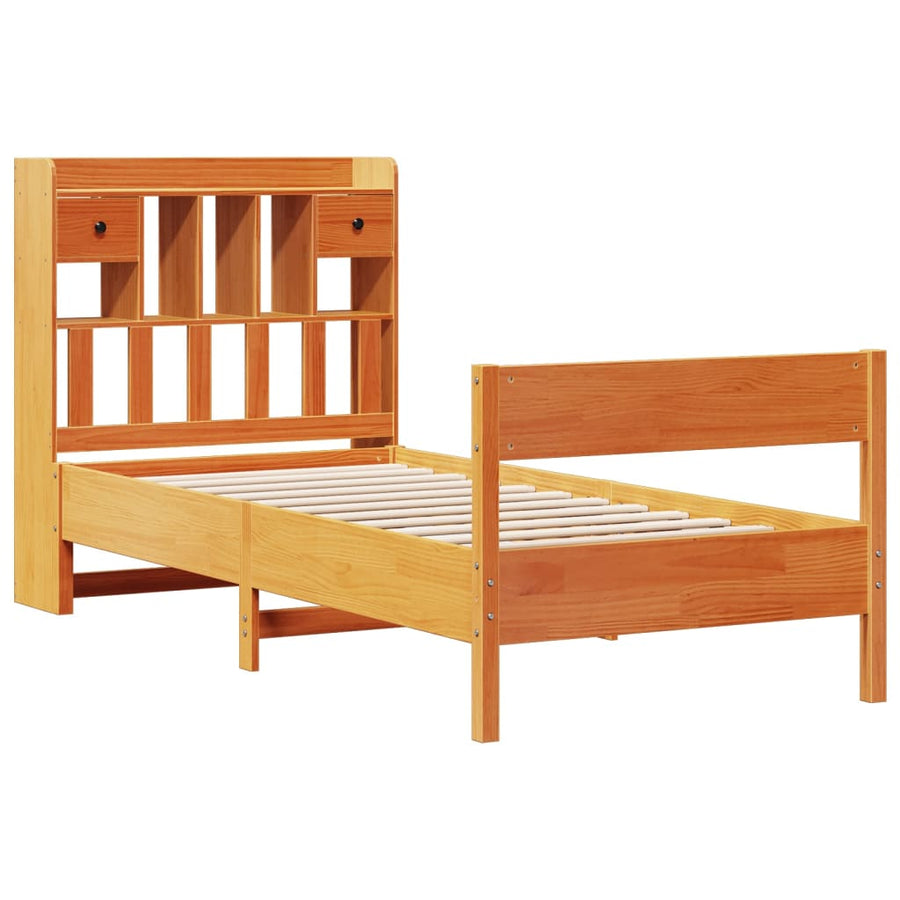 Bed met boekenkast zonder matras grenenhout wasbruin 100x200 cm